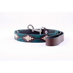 Beige and Green Embroidered Leather Dog Lead