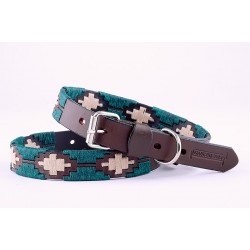 Beige and Green Leather Embroidered Dog Collar