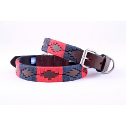 Red/Navy Embroidered Leather Dog Collar